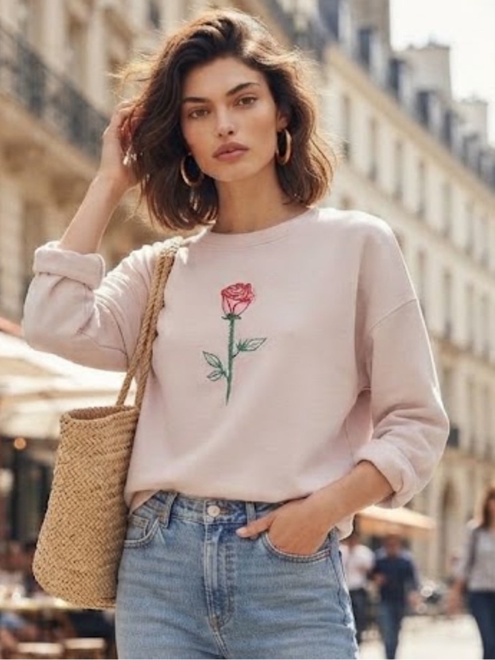 Forever 21 Cream Embroidered Rose Sweater Crew Neck Pullover Minimalist